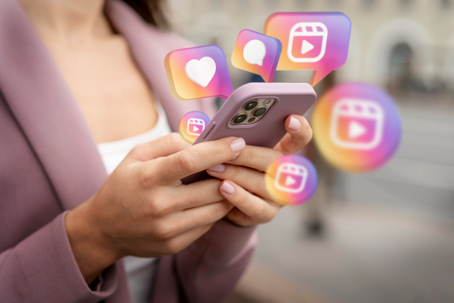 Plano or Instagram: where to run a specialist's business Woman in a pink blazer holding a smartphone with social media icons